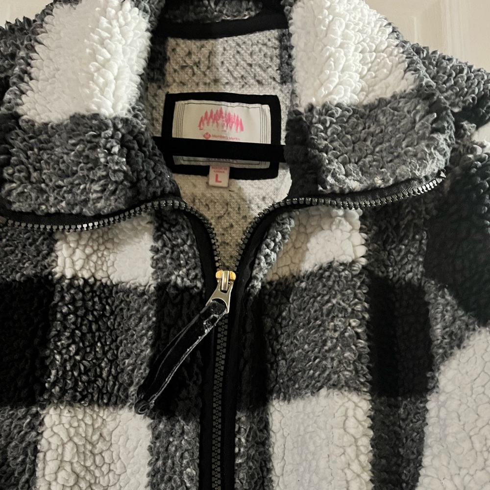 Members Mark Cozy Sherpa Full Zip Black & White Buffalo Check Womens | L